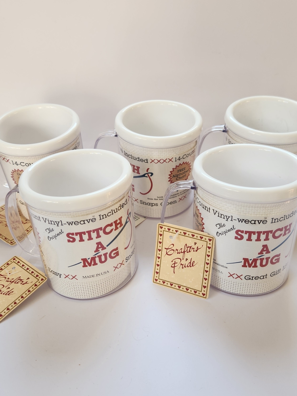 Cross Stitch A Mug Set Lot Of 5 Crafter’s Pride Plastic Vintage New